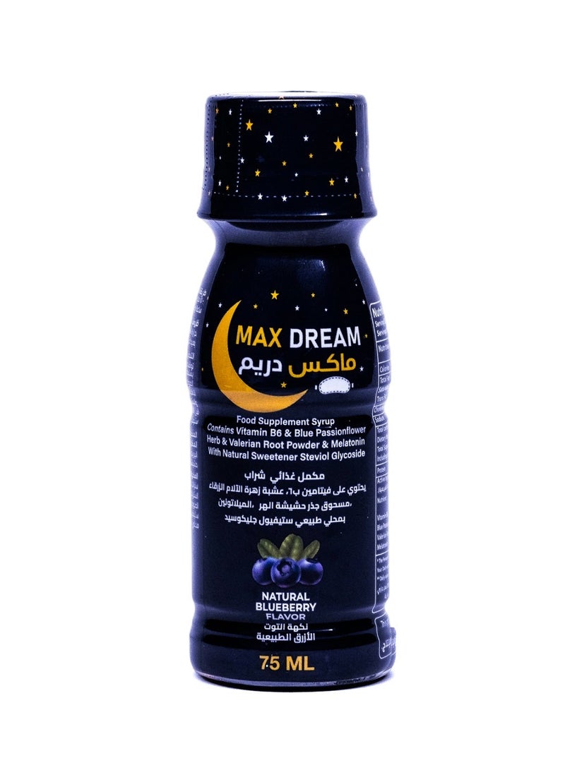Max Dream Natural Sleep Shot - 75ml - Melatonin 5mg, Valerian & Vitamin B6 - Sugar Free Blueberry Flavor - Image 1
